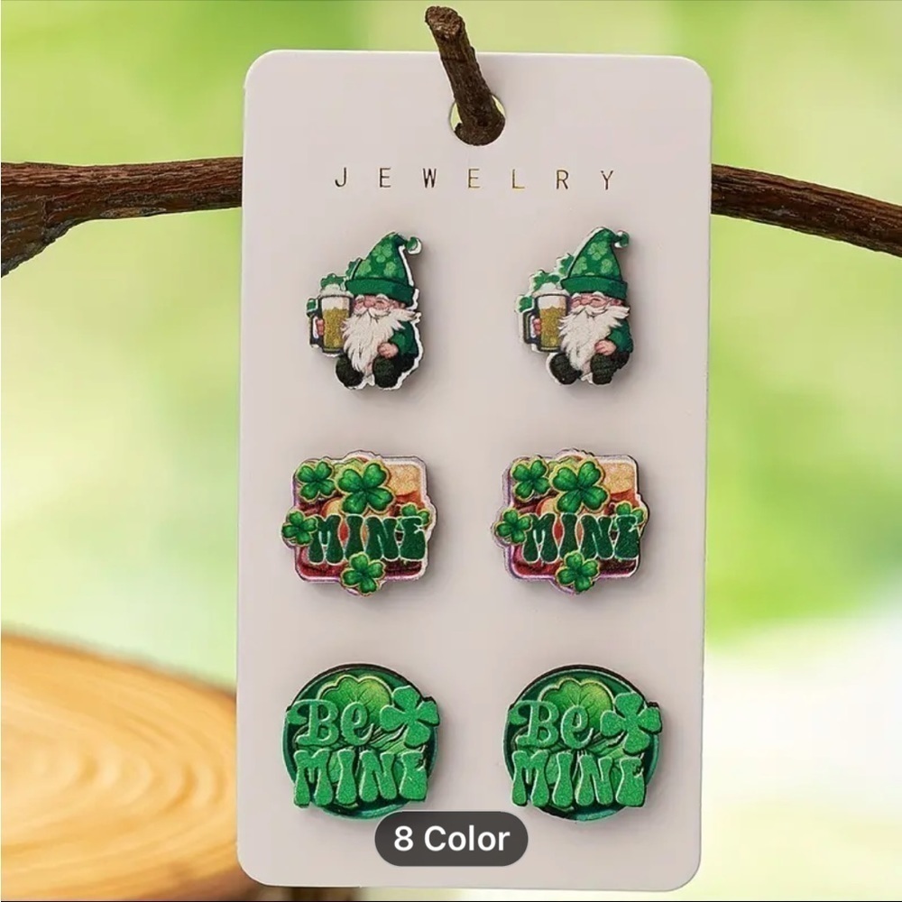 3 Pairs NIP St. Patrick's Day Lucky Shamrock Leprechaun Wooden Post Earrings